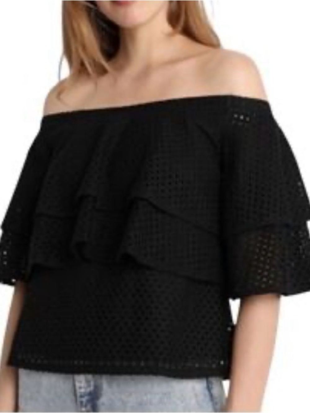 Banana Republic Black Off-Shoulder Eyelet Ruffle Top Size Small